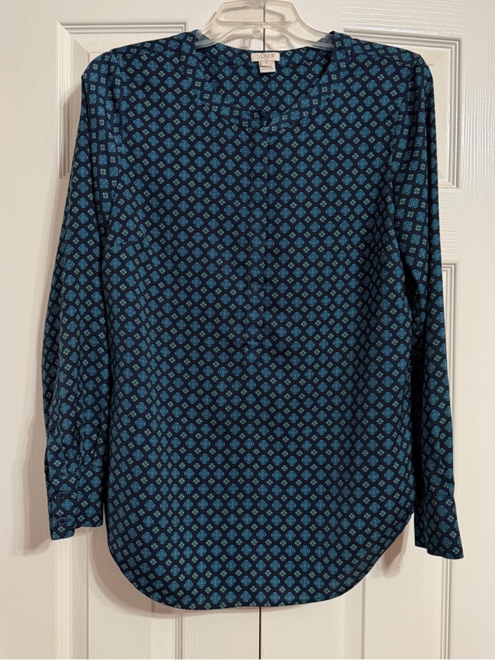 J. Crew Teal and Navy Geometric Print Long-Sleeve Tunic Blouse Size Small